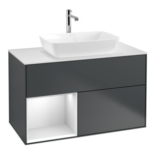 V&B Meuble sous lavabo Finion 100, blanc mat, réglette blanche, mat brillant