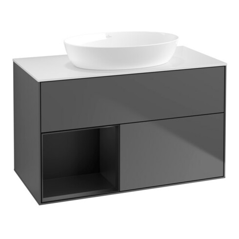 V&B Meuble sous lavabo Finion 100, blanc mat, réglette bleue mat laquée, anthracite mat