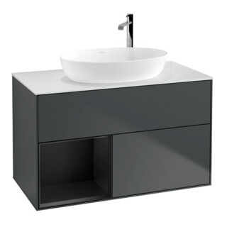 V&B Meuble sous lavabo Finion 100, blanc mat, réglette bleue mate laquée