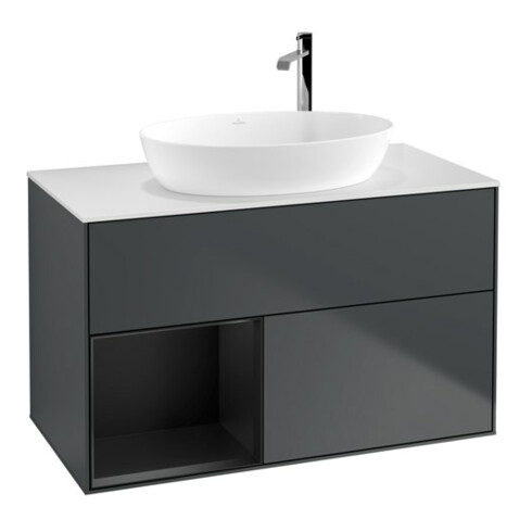 V&B Meuble sous lavabo Finion 100, blanc mat, réglette bleue mate laquée