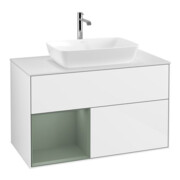 V&B Meuble sous lavabo Finion 100, blanc mat, réglette olivier, laqué brillant blanc