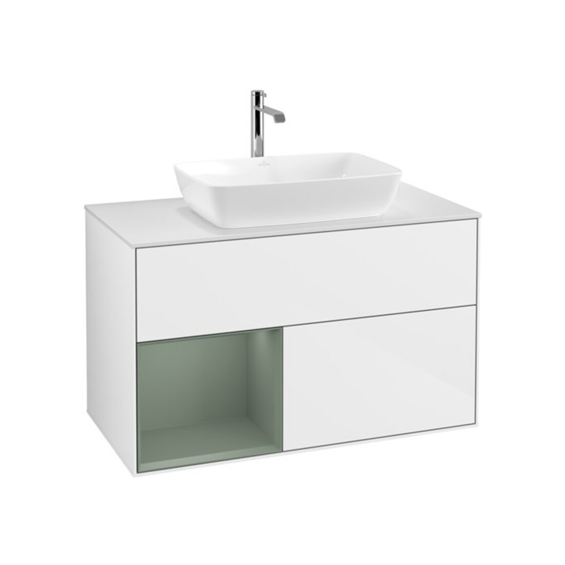 V&B Meuble sous lavabo Finion 100, blanc mat, réglette olivier, laqué brillant blanc