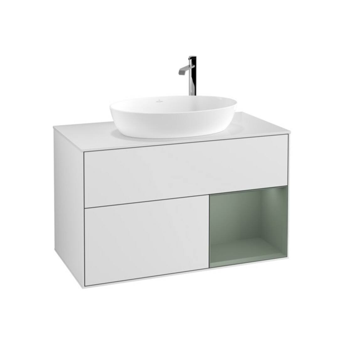 V&B Meuble sous lavabo Finion 100, blanc mat, réglette olivier mat laqué, blanc mat laqué