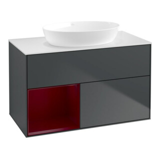 V&B Meuble sous lavabo Finion 100, blanc mat, réglette Peo mat laqué, médium bleu mat laqué