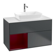 V&B Meuble sous lavabo Finion 100, blanc mat, réglette peuplier mat laqué, médium bleu mat laqué-1