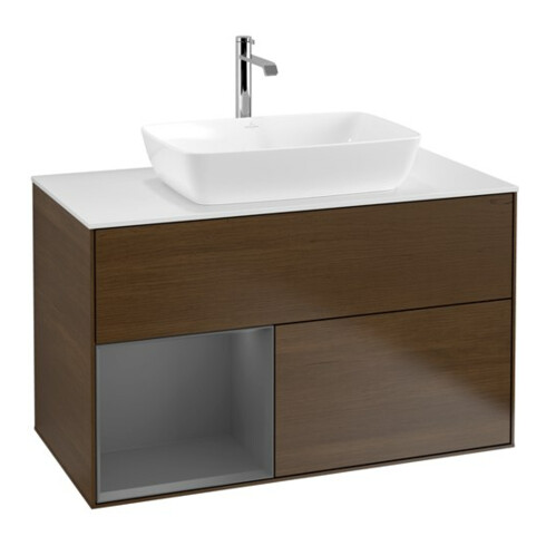 V&B Meuble sous lavabo Finion 100, blanc mat, tablette anthracite laquée, veinage bois