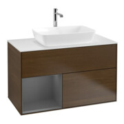 V&B Meuble sous lavabo Finion 100, blanc mat, tablette anthracite laquée, veinage bois