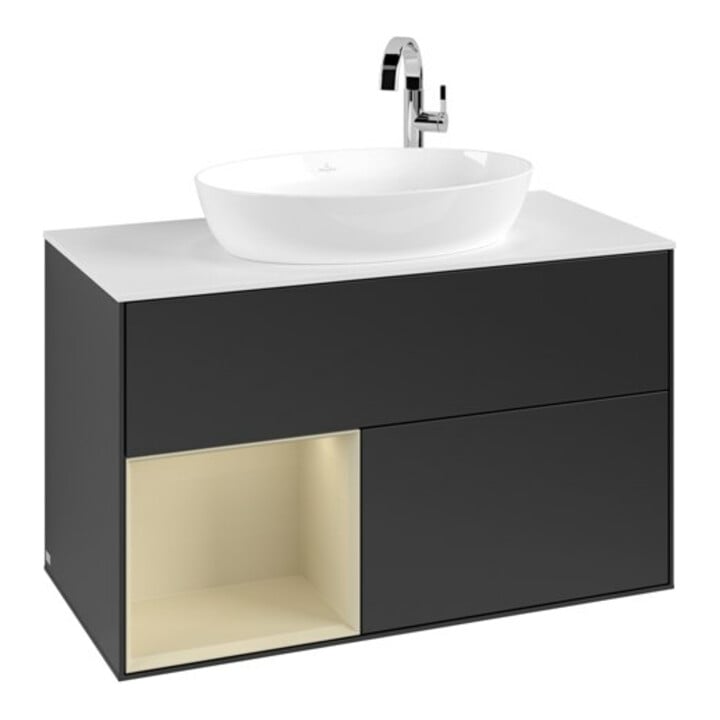 V&B Meuble sous-lavabo Finion 100, blanc mat, tablette argent mat laqué, bleu mat laqué