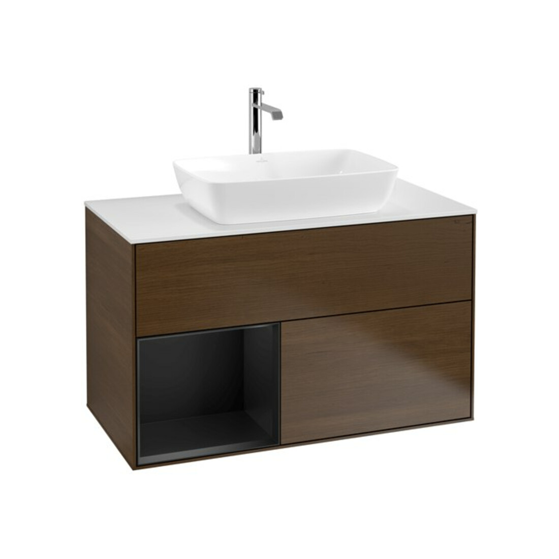 V&B Meuble sous lavabo Finion 100, blanc mat, tablette bleue mate, placage noyer