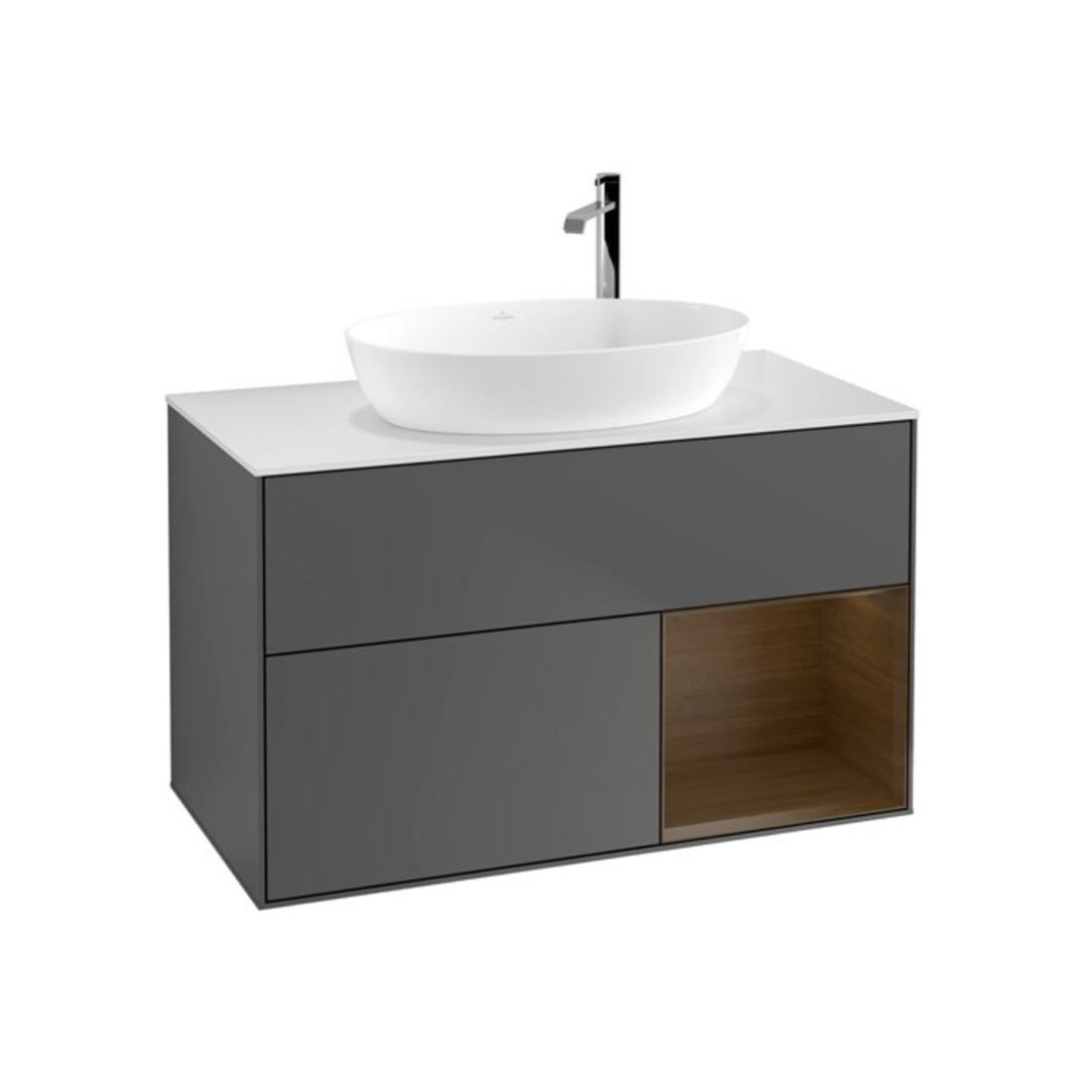 V&B Meuble sous lavabo Finion 100, blanc mat, tablette noyer, anthracite mat