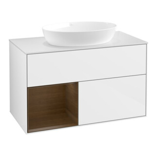 V&B Meuble sous lavabo Finion 100, blanc mat, tablette noyer, blanc brillant laqué