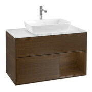 V&B Meuble sous lavabo Finion 100, blanc mat, tablette noyer veneer, noyer veneer