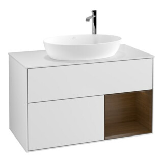 V&B Meuble sous lavabo Finion 100, blanc mat, tablette noyer verni, blanc mat laqué
