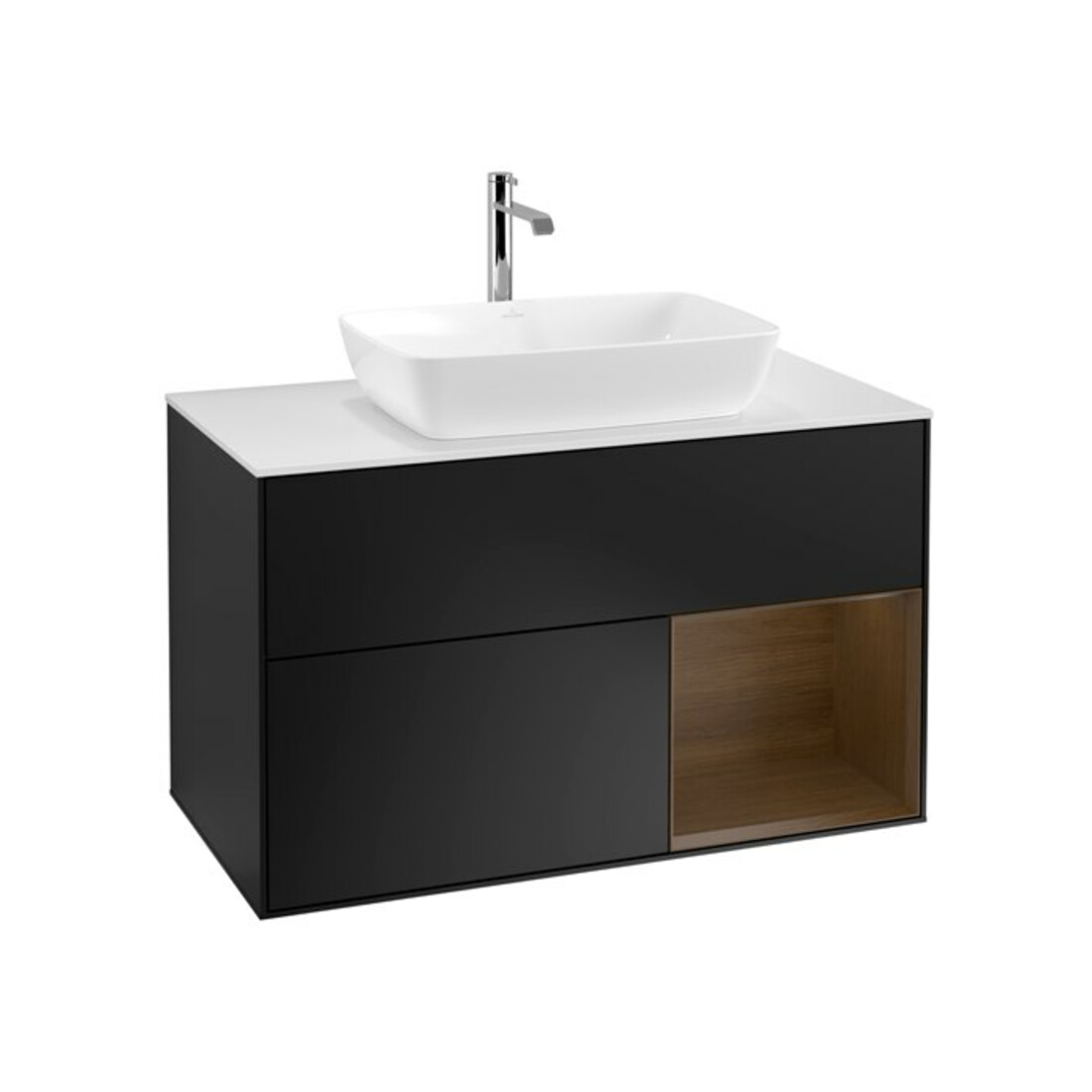 V&B Meuble sous lavabo Finion 100, blanc mat, tablette noyer verni, façade laquée mat