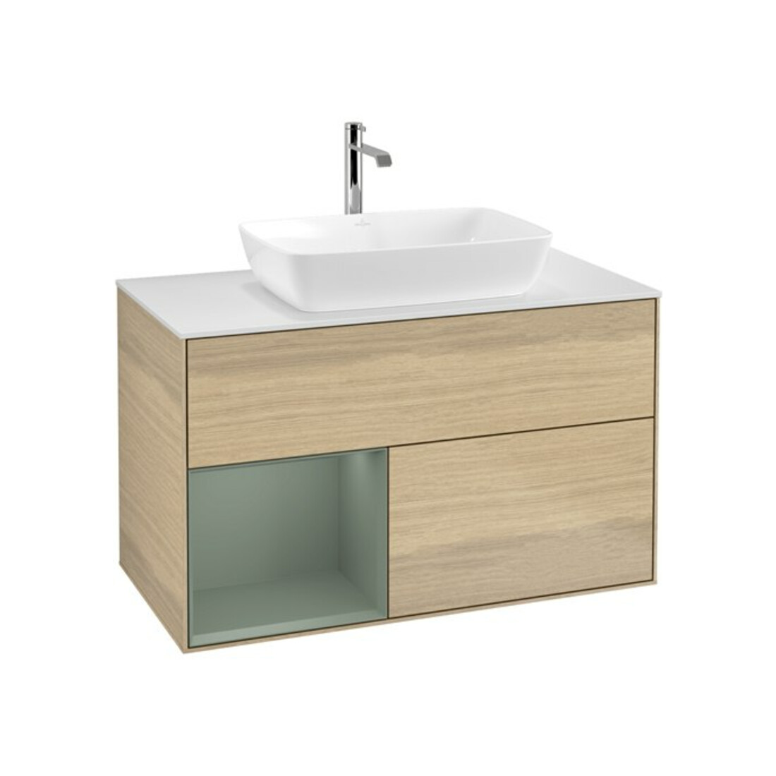 V&B Meuble sous-lavabo Finion 100, blanc mat, tiroir à l'huile, façade en chêne