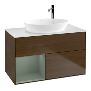 V&B Meuble sous-lavabo Finion 100, blanc mat, tiroir à rainures, placage noyer