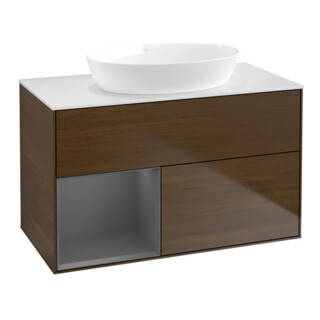 V&B Meuble sous lavabo Finion 100, blanc mat, tiroir anthracite laqué, veinage bois