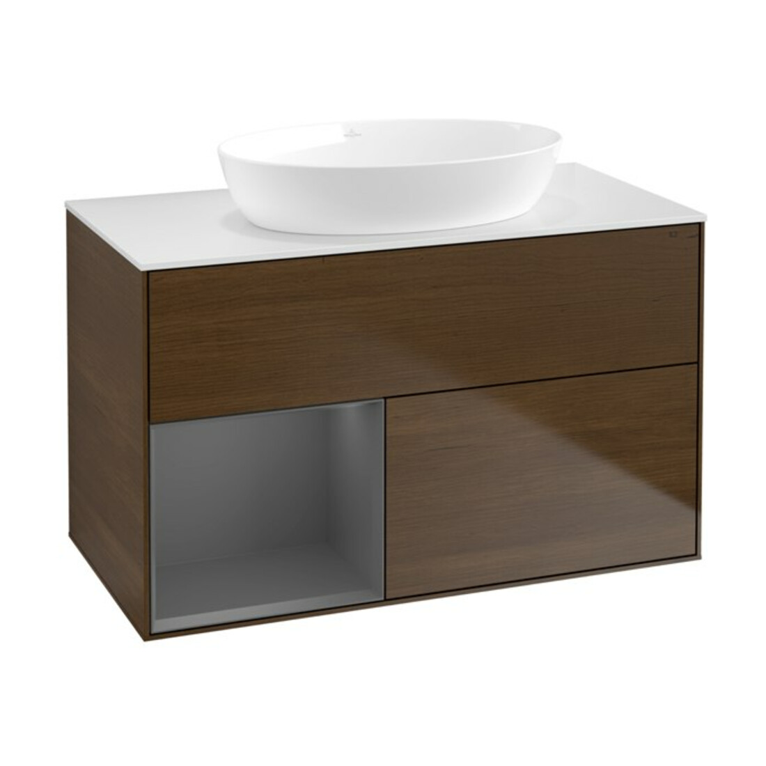 V&B Meuble sous lavabo Finion 100, blanc mat, tiroir anthracite laqué, veinage bois