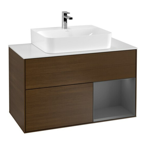 V&B Meuble sous lavabo Finion 100, blanc mat, tiroir anthracite mat, veinage bois