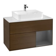 V&B Meuble sous lavabo Finion 100, blanc mat, tiroir anthracite mat, veinage bois