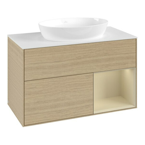 V&B Meuble sous-lavabo Finion 100, blanc mat, tiroir argenté, poignée laquée, ouverture à pression