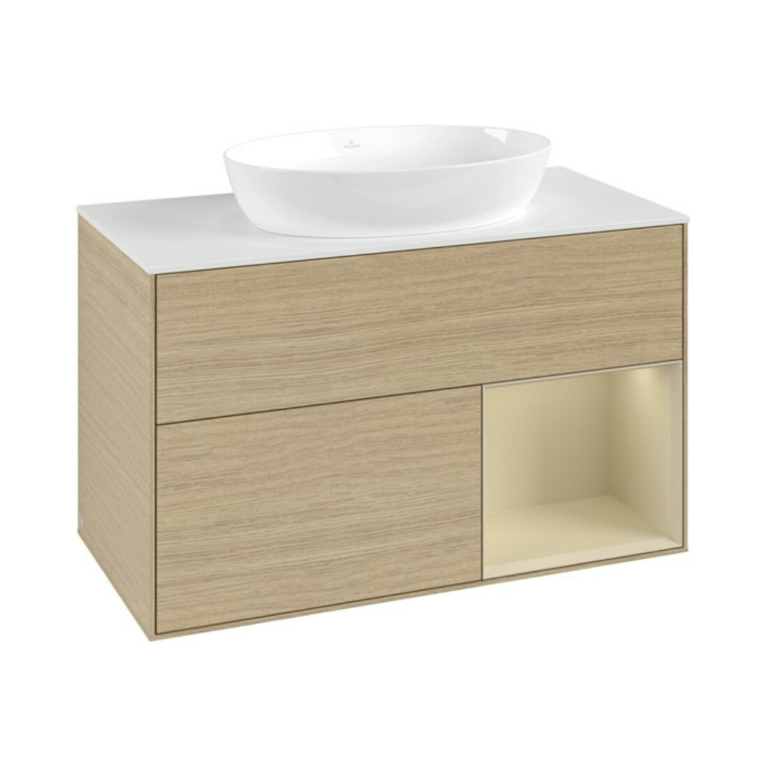 V&B Meuble sous-lavabo Finion 100, blanc mat, tiroir argenté, poignée laquée, ouverture à pression