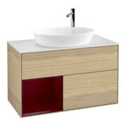 V&B Meuble sous lavabo Finion 100, blanc mat, tiroir avec laque, ouverture ven