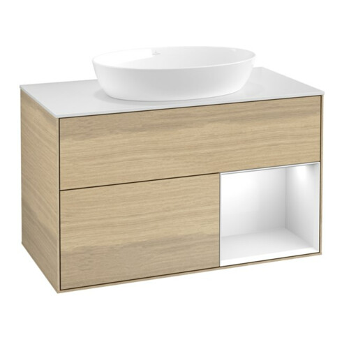 V&B Meuble sous lavabo Finion 100, blanc mat, tiroir blanc laqué, poignée alu ven
