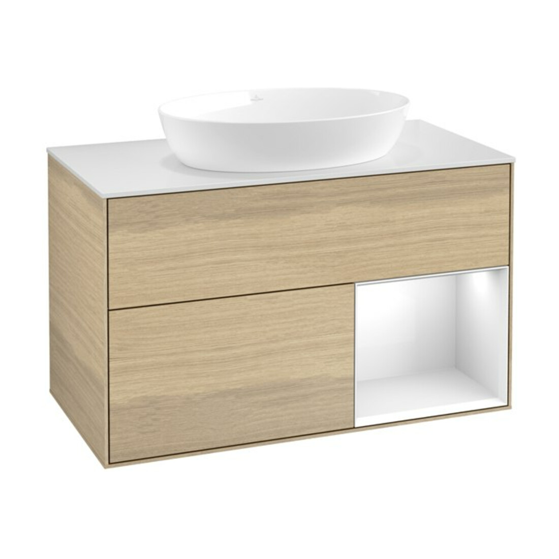 V&B Meuble sous lavabo Finion 100, blanc mat, tiroir blanc laqué, poignée alu ven