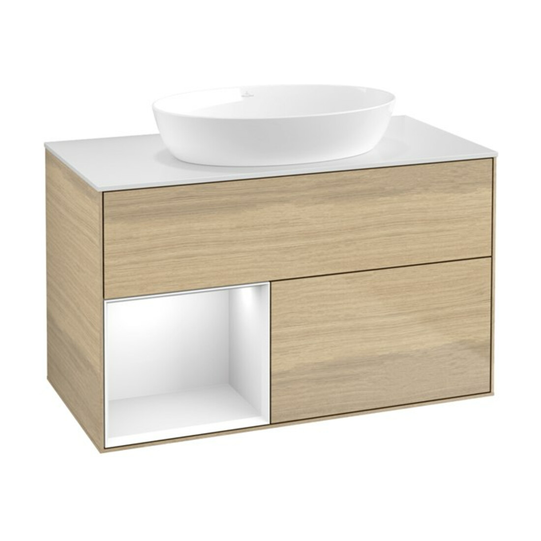 V&B Meuble sous lavabo Finion 100, blanc mat, tiroir blanc laqué, poignée ven