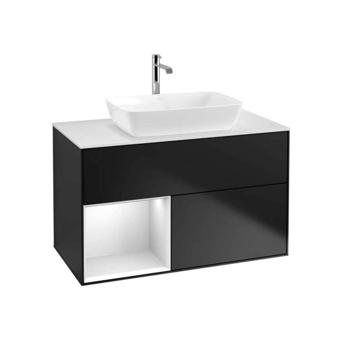 V&B Meuble sous lavabo Finion 100, blanc mat, tiroir blanc mat laqué, bleu mat laqué