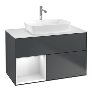 V&B Meuble sous lavabo Finion 100, blanc mat, tiroir blanc mat laqué, façade bleu mat laqué