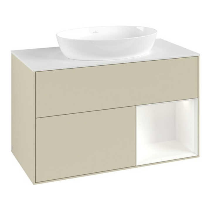V&B Meuble sous lavabo Finion 100, blanc mat, tiroir blanc mat laqué, gris mat laqué
