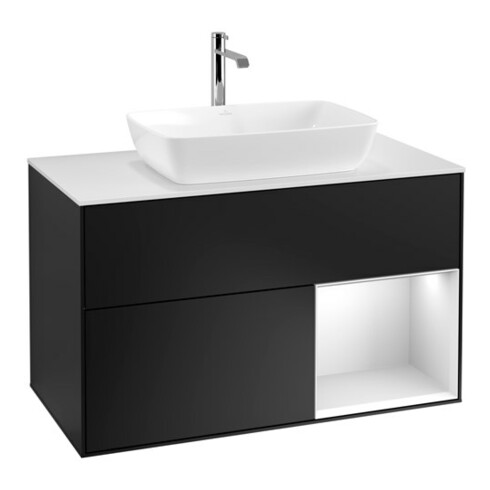 V&B Meuble sous lavabo Finion 100, blanc mat, tiroir blanc mat laqué, poignée métal laqué