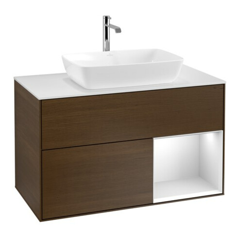 V&B Meuble sous lavabo Finion 100, blanc mat, tiroir blanc mat, laque, veinage bois