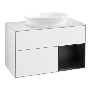 V&B Meuble sous-lavabo Finion 100, blanc mat, tiroir bleu mat laqué, blanc brillant laqué
