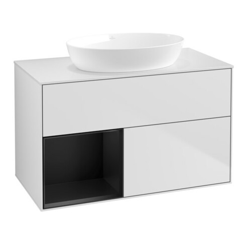 V&B Meuble sous lavabo Finion 100, blanc mat, tiroir bleu mat laqué, blanc mat laqué