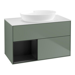 V&B Meuble sous lavabo Finion 100, blanc mat, tiroir bleu mat laqué, poignée laquée