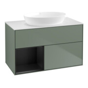 V&B Meuble sous lavabo Finion 100, blanc mat, tiroir bleu mat laqué, poignée laquée