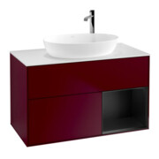 V&B Meuble sous lavabo Finion 100, blanc mat, tiroir bleu mat, poignée métal