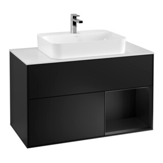 V&B Meuble sous lavabo Finion 100, blanc mat, tiroir droit, bleu mat laqué