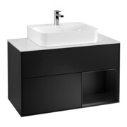 V&B Meuble sous lavabo Finion 100, blanc mat, tiroir droit bleu mat laqué