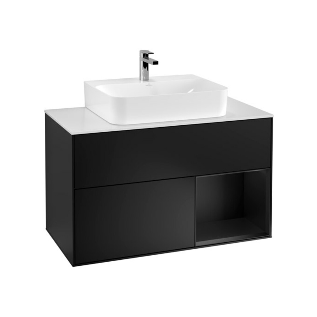 V&B Meuble sous lavabo Finion 100, blanc mat, tiroir droit bleu mat laqué