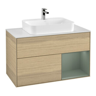 V&B Meuble sous lavabo Finion 100, blanc mat, tiroir droit, huile avec laque, venis ouvert
