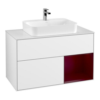 V&B Meuble sous lavabo Finion 100, blanc mat, tiroir droit Peo, blanc laqué brillant