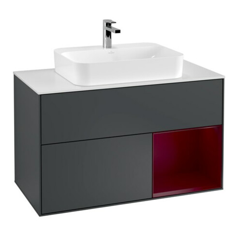 V&B Meuble sous lavabo Finion 100, blanc mat, tiroir droit, poignée bleue mat laquée