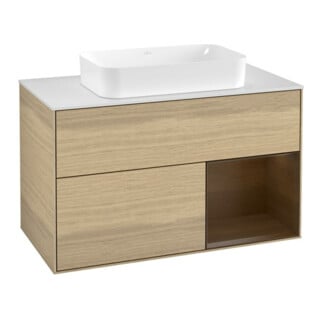 V&B Meuble sous lavabo Finion 100, blanc mat, tiroir droit, poignée bois ven.