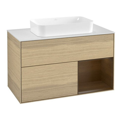 V&B Meuble sous lavabo Finion 100, blanc mat, tiroir droit, poignée bois ven.