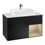 V&B Meuble sous lavabo Finion 100, blanc mat, tiroir droit, poignée en laiton bleu mat-1