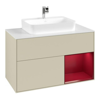 V&B Meuble sous lavabo Finion 100, blanc mat, tiroir droite, poignée grise mate laquée